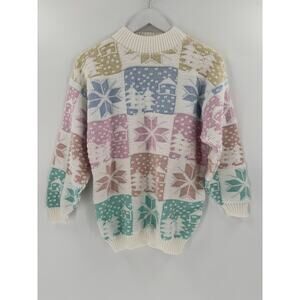 Spunky Vintage 80s Sweater Womens Small White Multicolor Pastel Patchwork Knit